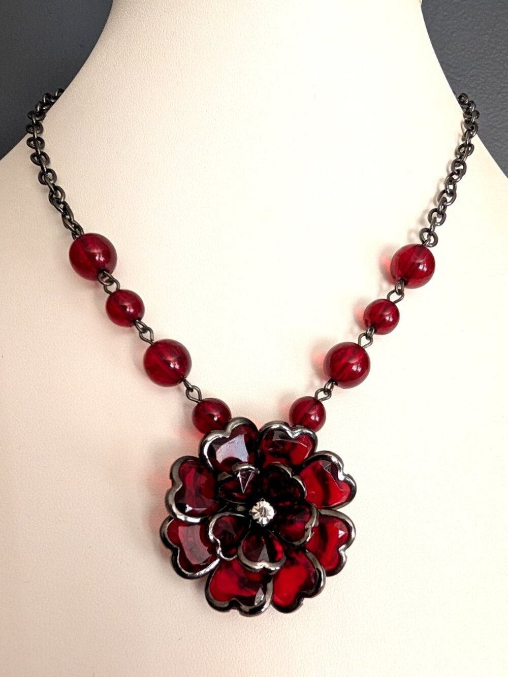 Ruby red flower pendant necklace